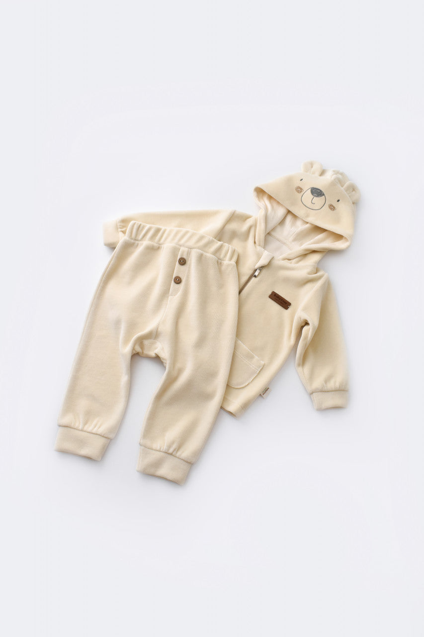 Set Ursulet cu bluzita cu fermoar si gluga si pantaloni lungi din 80%bumbac organic si 20% poliester - , BabyCosy